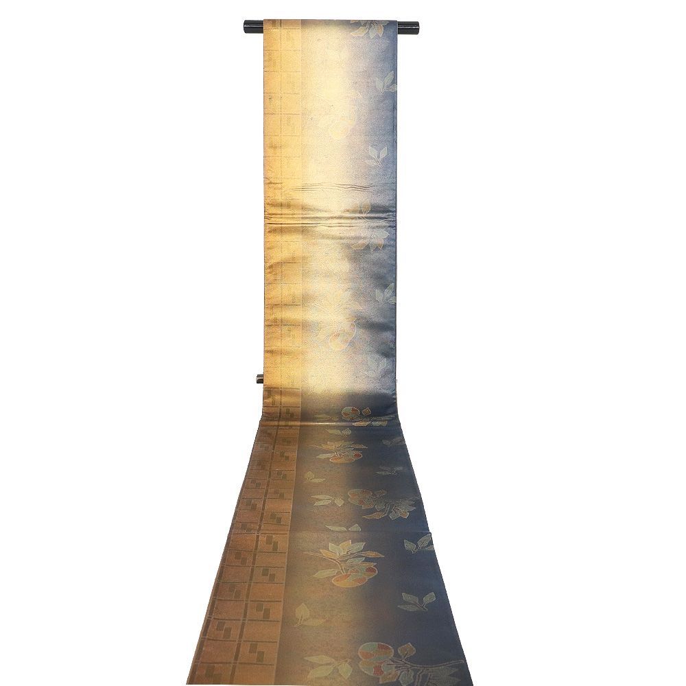 406my127◇牛首紬 指定無形文化財 手織り 金彩 銀彩 全通 袋帯◇美品 石川県指定無形文化財 牛首紬 袋帯 正絹 紺 金箔 薄緑 橙色 暈し