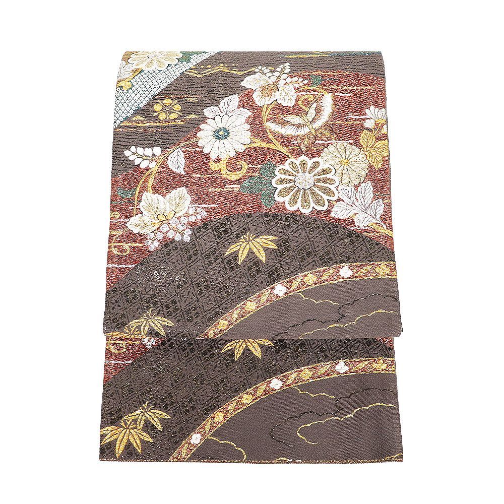 訪問着用 袋帯 正絹 小豆色 緑 金 赤紫 橙色 菊 桐 梅 笹 蝶 熨斗文 Lサイズ F 8433 レディース シルク ギフト フォーマル