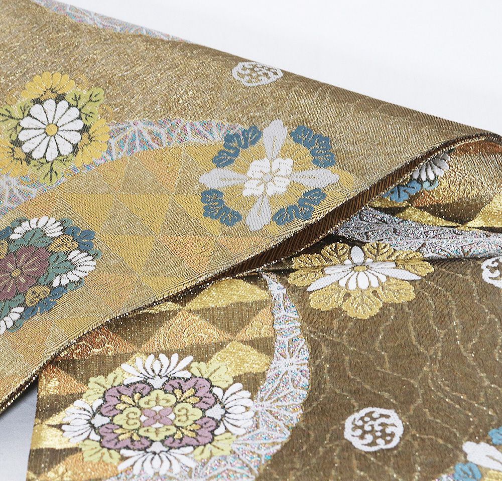  礼装用 袋帯 正絹 緑 金 四つ割菊 華文 鱗文 Sサイズ F 8436 レディース シルク ギフト フォーマル 30代 40代 50代 袋帯 帯