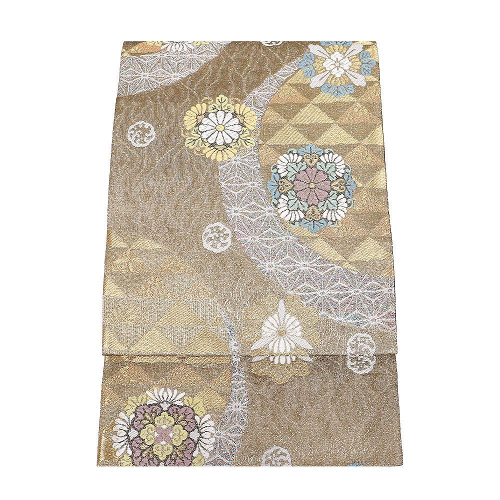 礼装用 袋帯 正絹 緑 金 四つ割菊 華文 鱗文 Sサイズ F 8436 レディース シルク ギフト フォーマル 30代 40代 50代