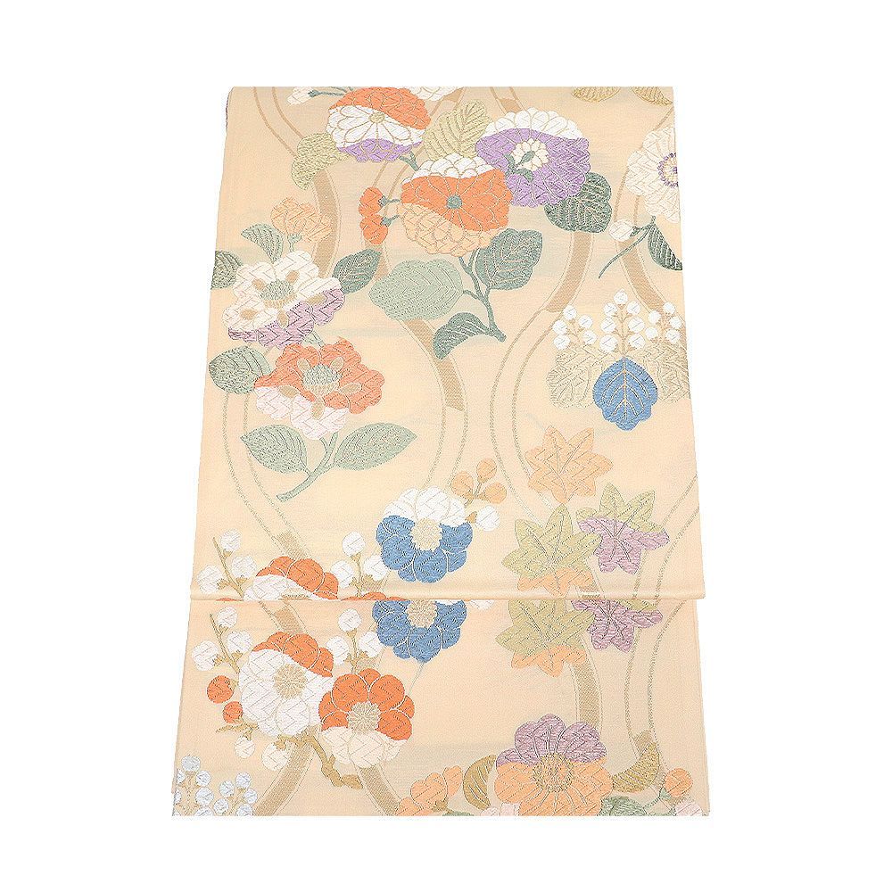 訪問着用 袋帯 正絹 ベージュ 唐織 唐花 菊 梅 桐 紅葉 Lサイズ F 8437 レディース ギフト フォーマル 30代 40代 50代