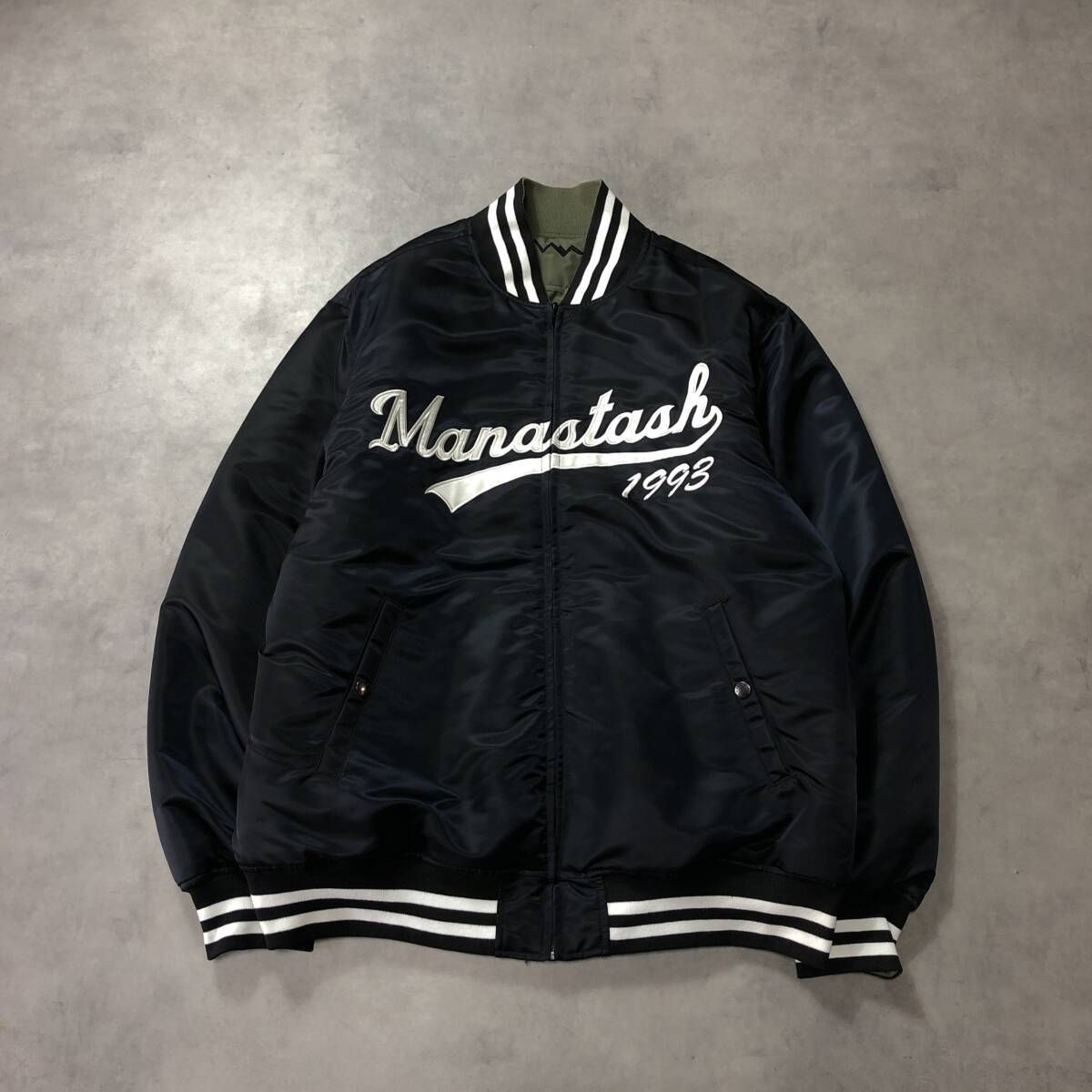 GQ4076 MANASTASH REVERSIBLE VARSITY JACKET XL ブラック カーキ系 定価¥37 400- リバーシブル スタジャン マナスタッシュ