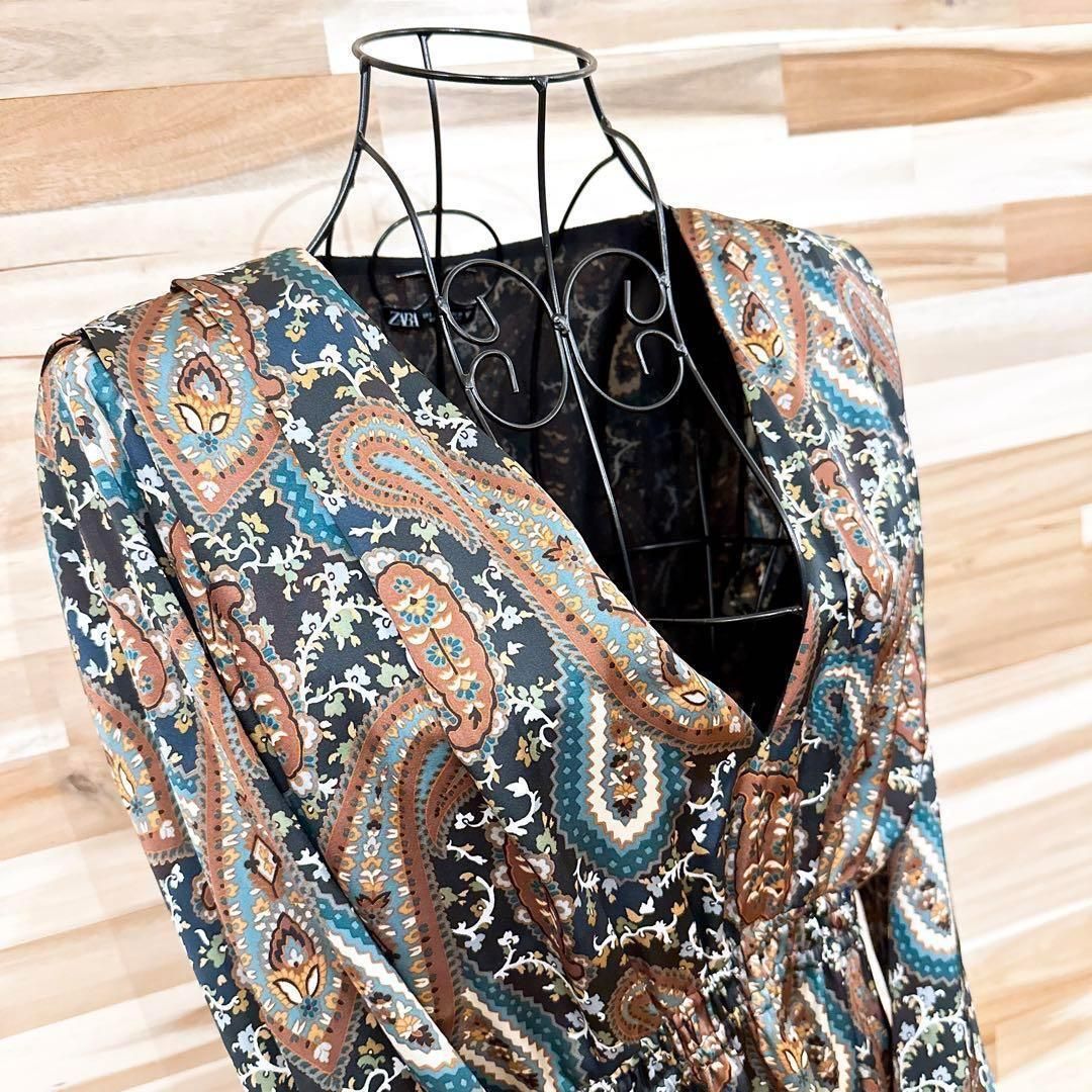  ザラ Vネック ペイズリー ロング マキシ ワンピース 総柄 S 茶ブラウン 長袖 七分袖 その他