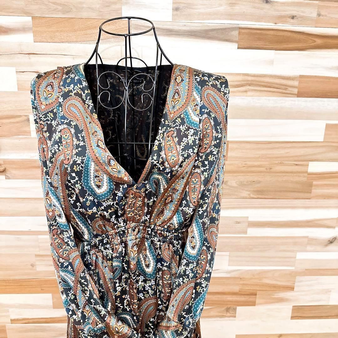 ザラ Vネック ペイズリー ロング マキシ ワンピース 総柄 S 茶ブラウン