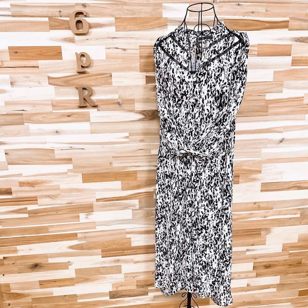 ザラ アニマル レース トリム ロング ワンピース 総柄 XS 黒×白