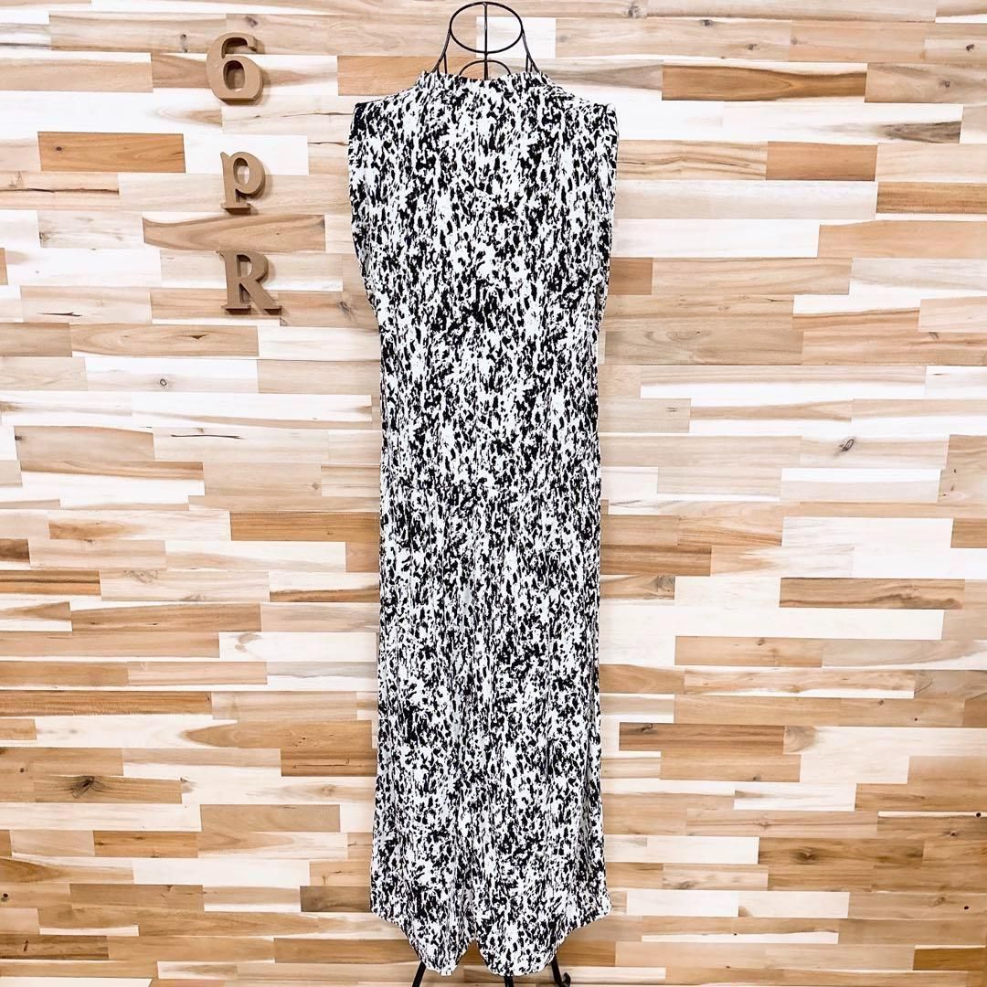  ザラ アニマル レース トリム ロング ワンピース 総柄 XS 黒×白 長袖 七分袖 カットソーワンピース