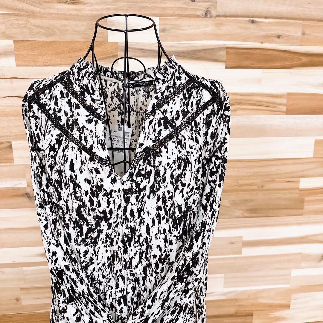 ザラ アニマル レース トリム ロング ワンピース 総柄 XS 黒×白