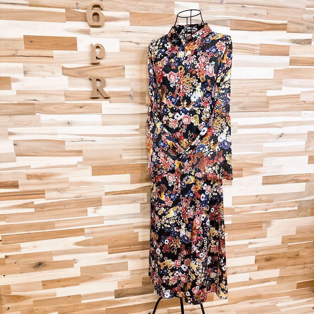 フレイアイディー ジャガード チェック 花柄シャツ ロング ワンピース 黒×赤