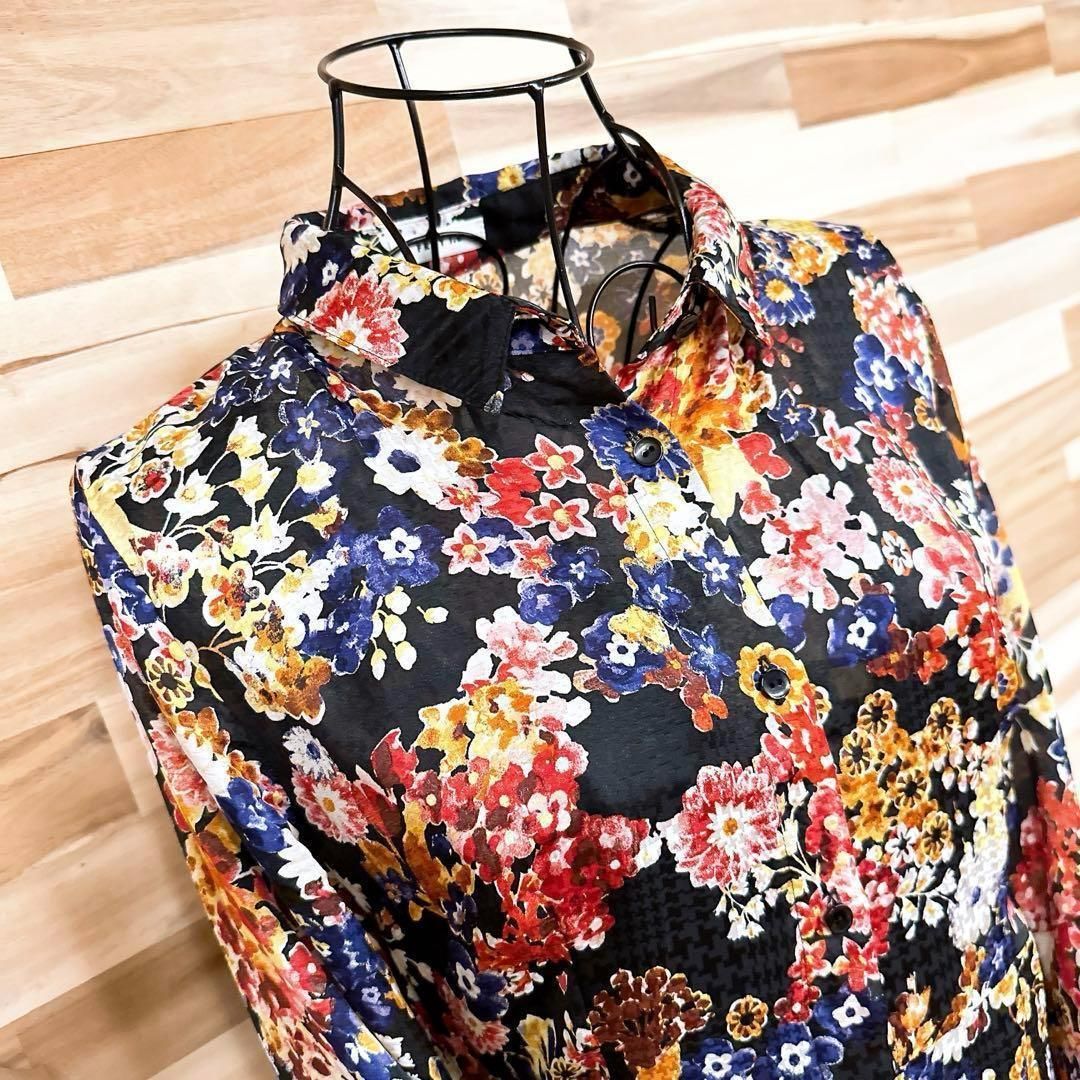 フレイアイディー ジャガード チェック 花柄シャツ ロング ワンピース 黒×赤