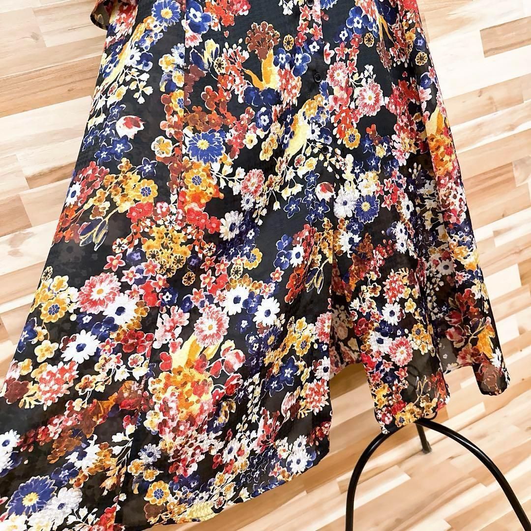  フレイアイディー ジャガード チェック 花柄シャツ ロング ワンピース 黒×赤 長袖 七分袖 シャツワンピース