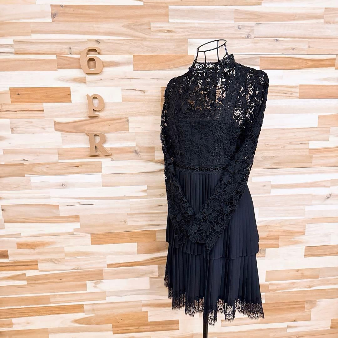 ザラ 花柄レース プリーツ 切り替え ティアード ドレス ワンピース M 黒