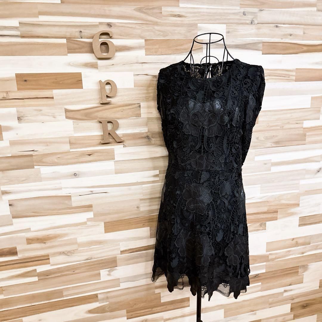 ザラ フェイク レザー ボタニカル レース チュール ワンピース L黒ブラック