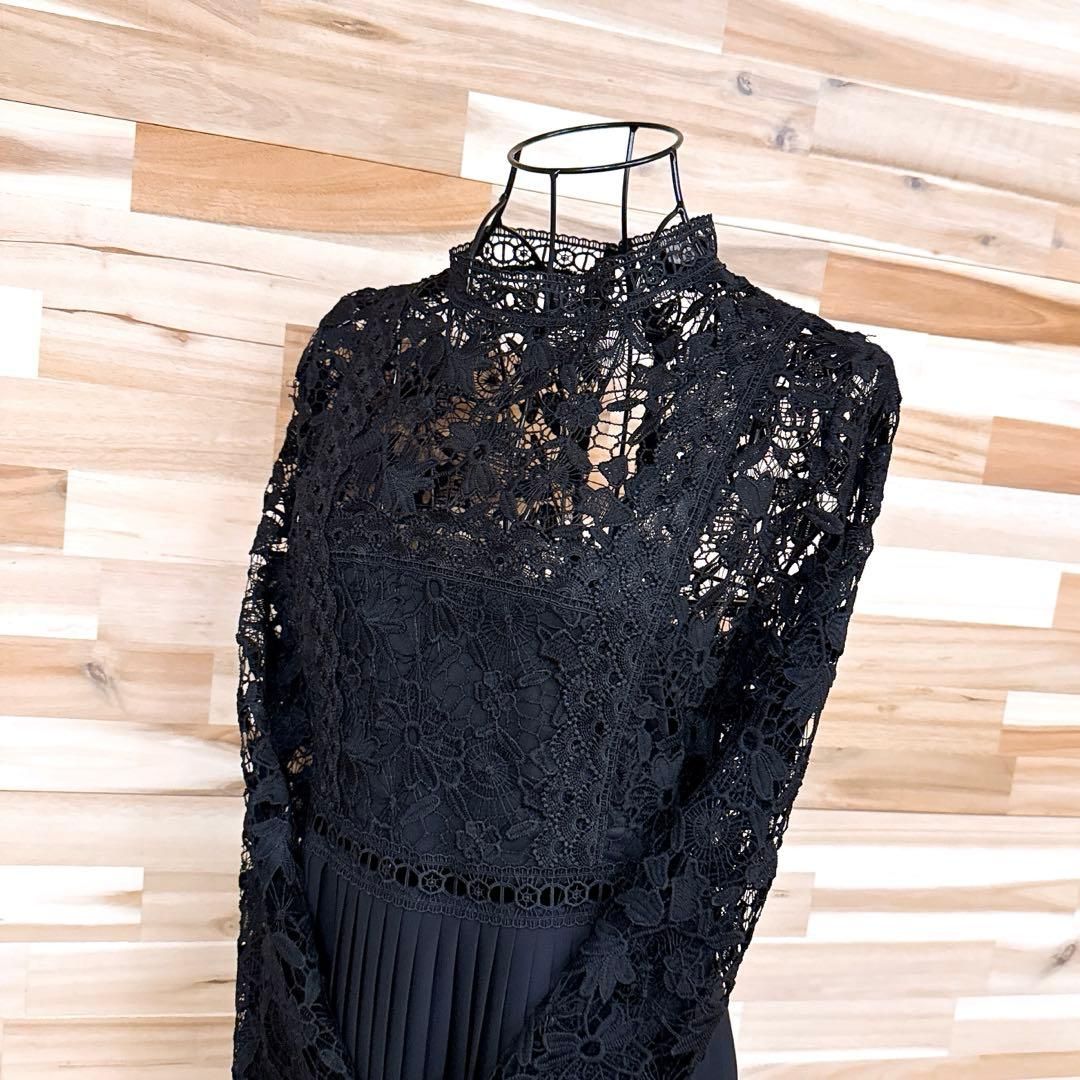 ザラ 花柄レース プリーツ 切り替え ティアード ドレス ワンピース M 黒