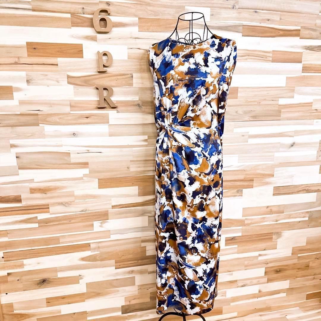 ザラ グラフィカル マーブル アート ロング ワンピース S アイボリー×青