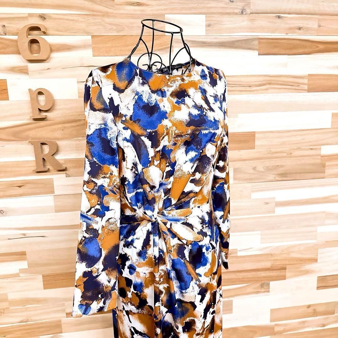  ザラ グラフィカル マーブル アート ロング ワンピース S アイボリー×青 長袖 七分袖 カットソーワンピース