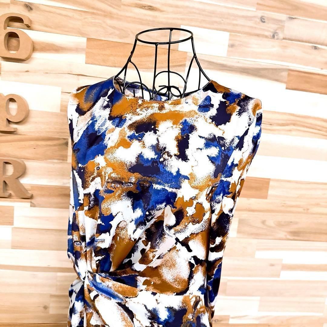 ザラ グラフィカル マーブル アート ロング ワンピース S アイボリー×青