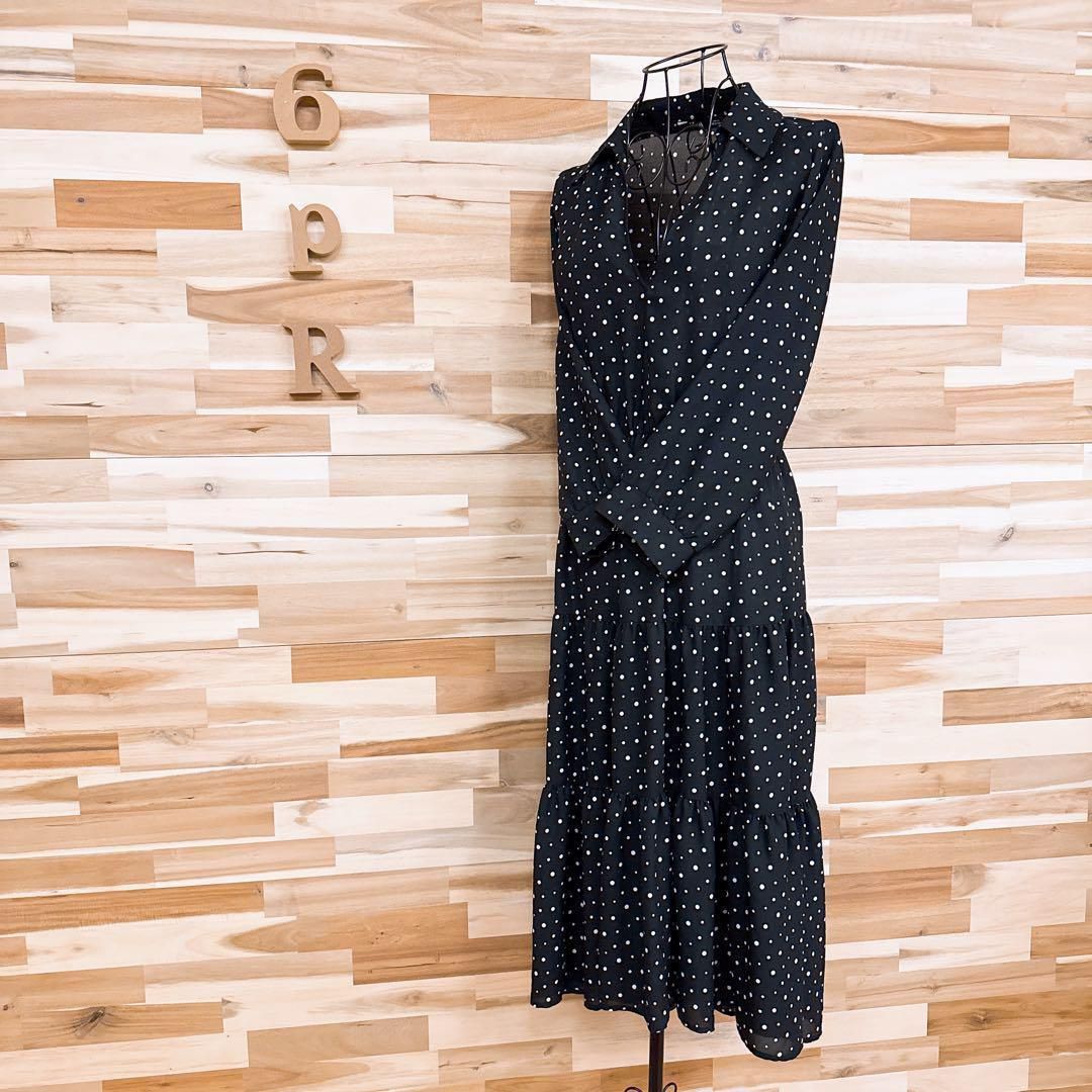 ザラ Vネック ドット シフォン ティアード ロング ワンピース XS 黒×白