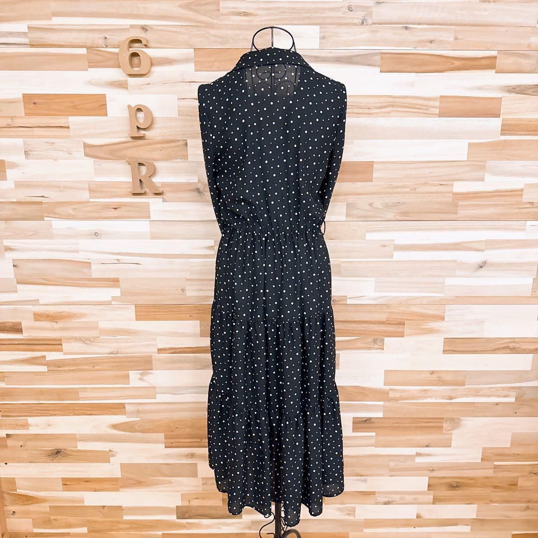  ザラ Vネック ドット シフォン ティアード ロング ワンピース XS 黒×白 長袖 七分袖 カットソーワンピース