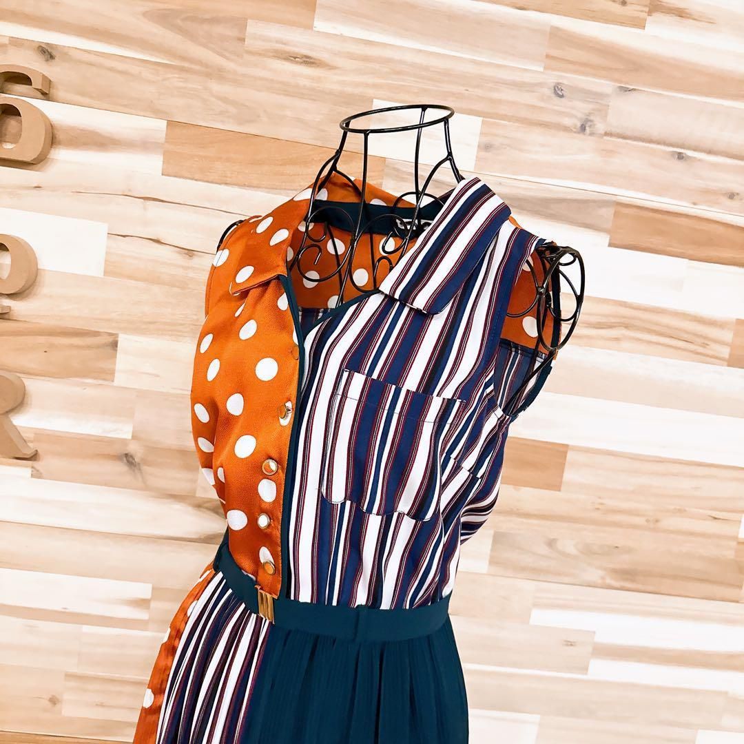 レディアゼル ドット チェック プリーツ ロング ワンピース S オレンジ×白