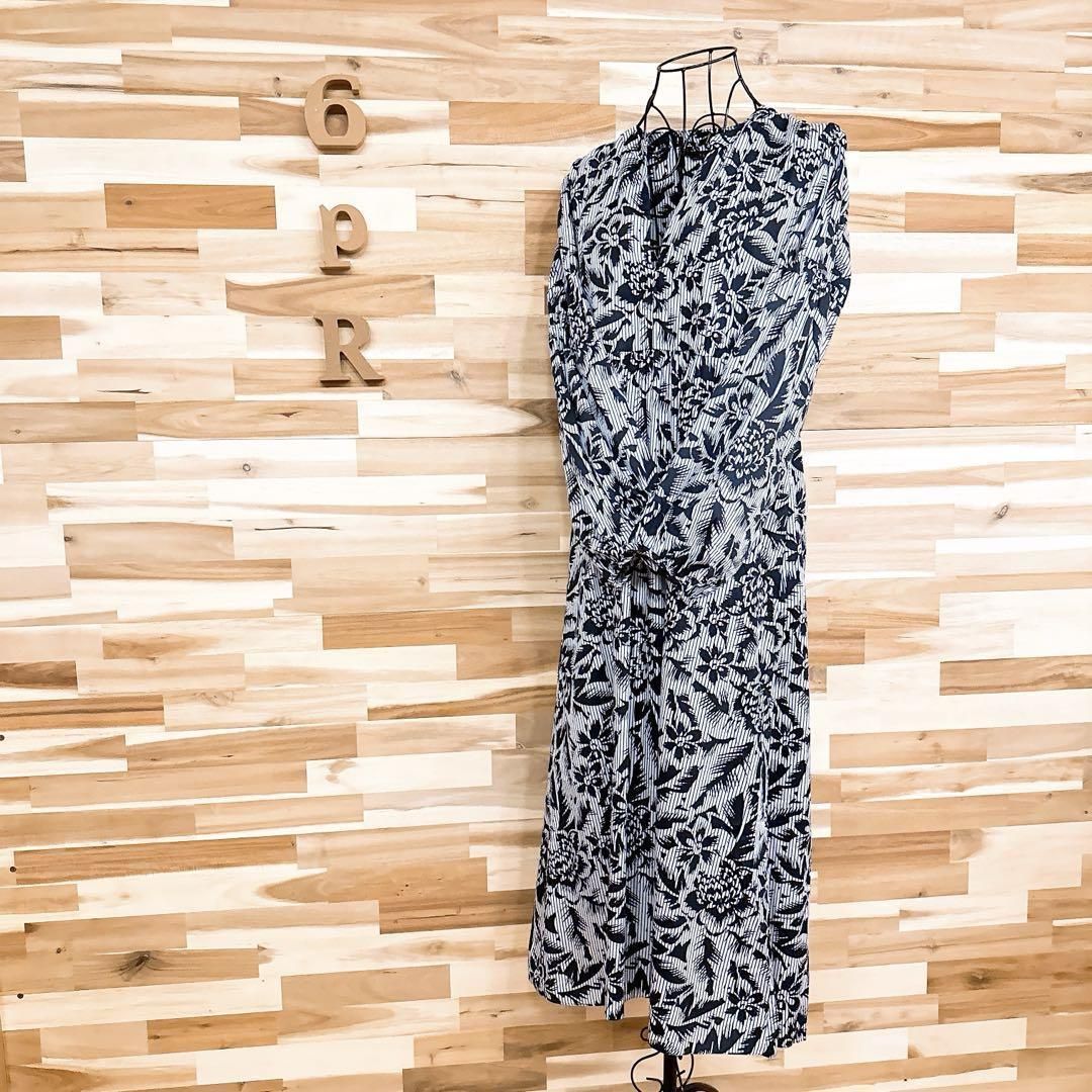 ザラ コットン 花柄×ストライプ ロング ワンピース Vネック S 紺×白