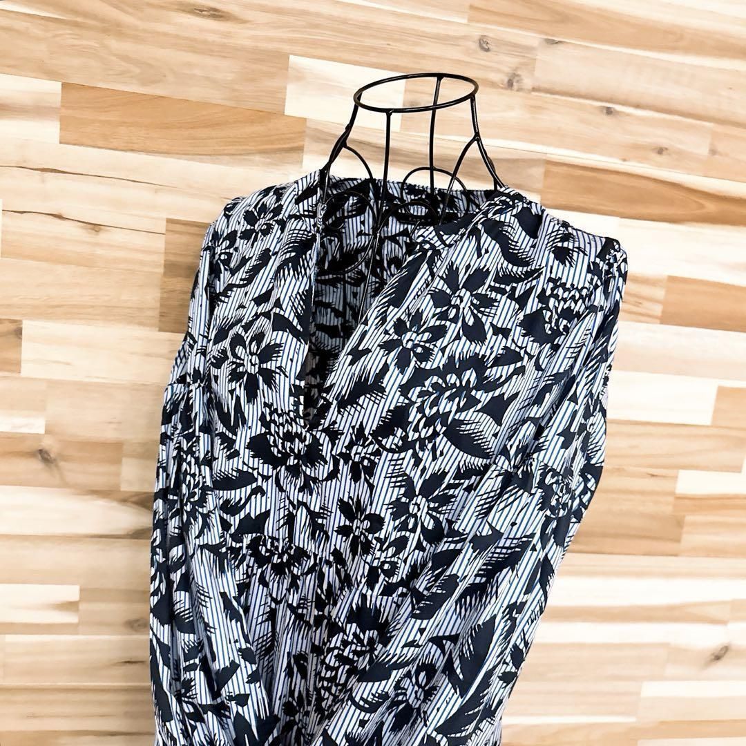 ザラ コットン 花柄×ストライプ ロング ワンピース Vネック S 紺×白