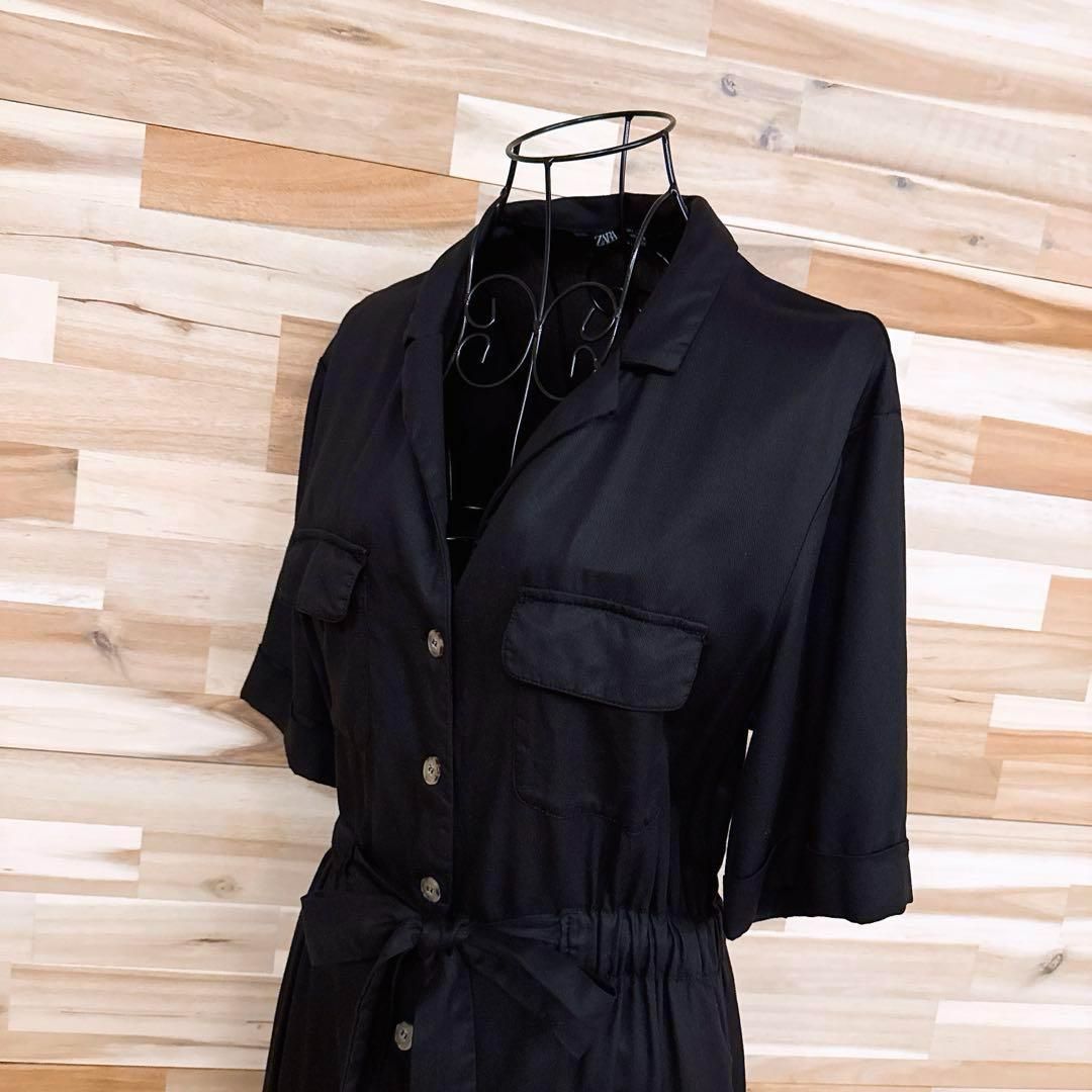 ザラ オープン ミリタリー ロング シャツ ワンピース 半袖 S 黒