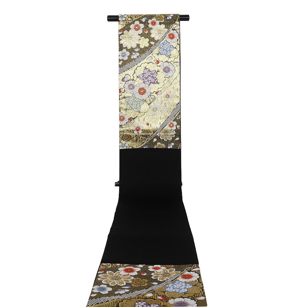 本日の特売品 ／ 振袖用 袋帯 正絹 黒 金 桜 熨斗文 Lサイズ F8445 美