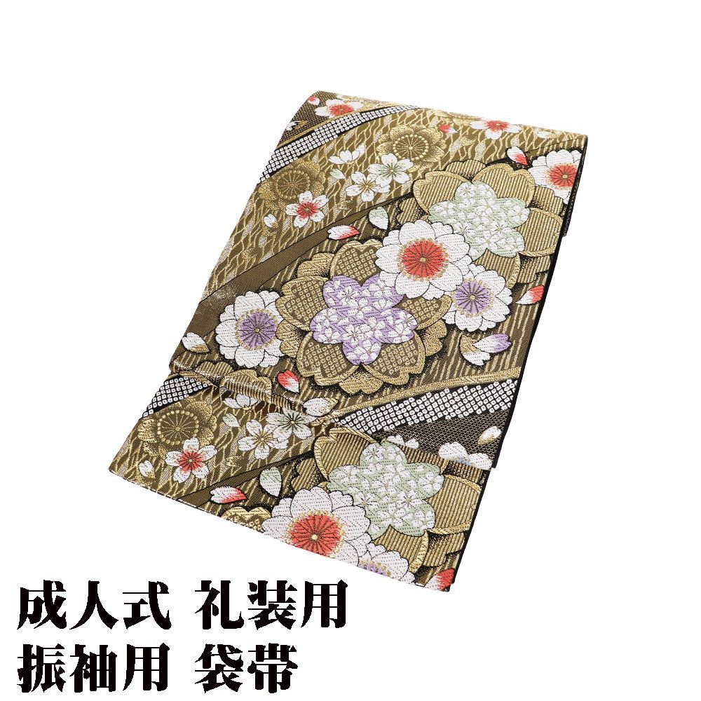本日の特売品 ／ 振袖用 袋帯 正絹 黒 金 桜 熨斗文 Lサイズ F8445 美
