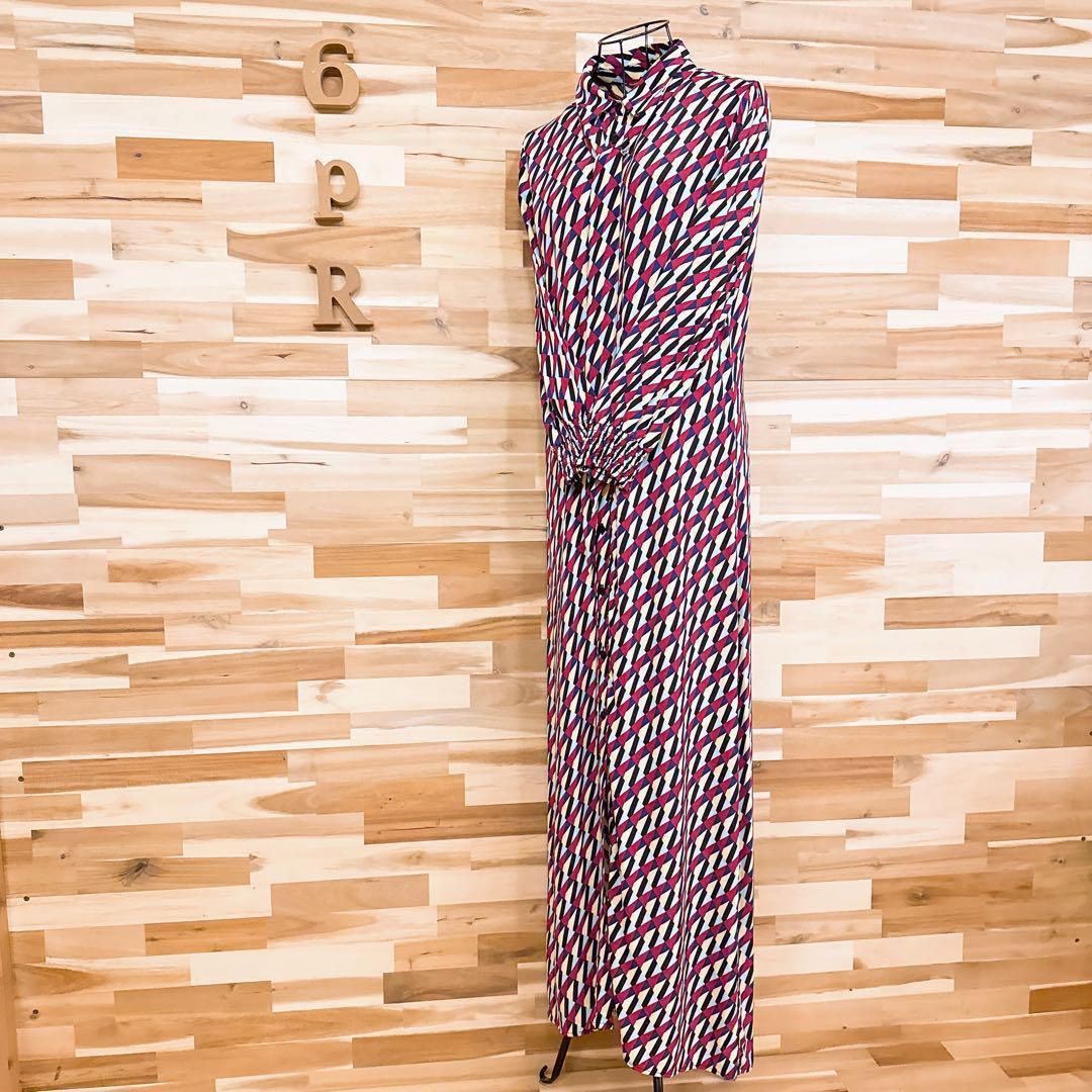 ザラ リボン タイ付き ジオメトリック ロング シャツ ワンピース M 赤×黒