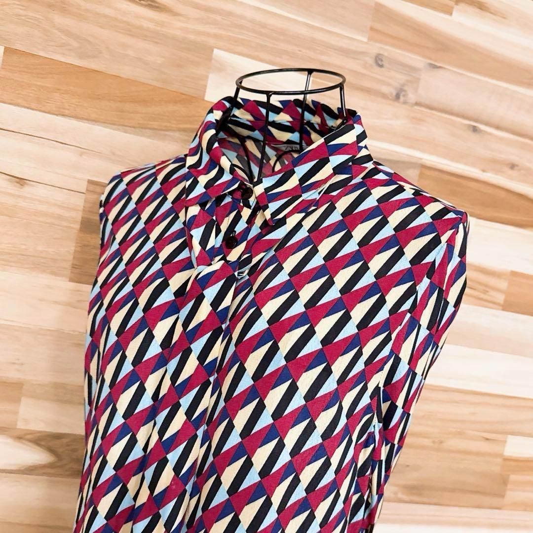 ザラ リボン タイ付き ジオメトリック ロング シャツ ワンピース M 赤×黒