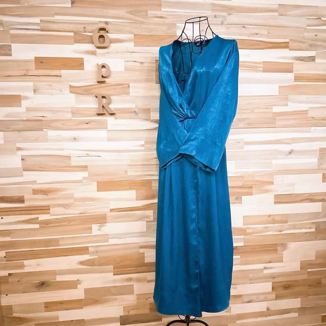 ザラ Vネック カシュクール ロング ドレス ワンピース 長袖 M緑エメラルド