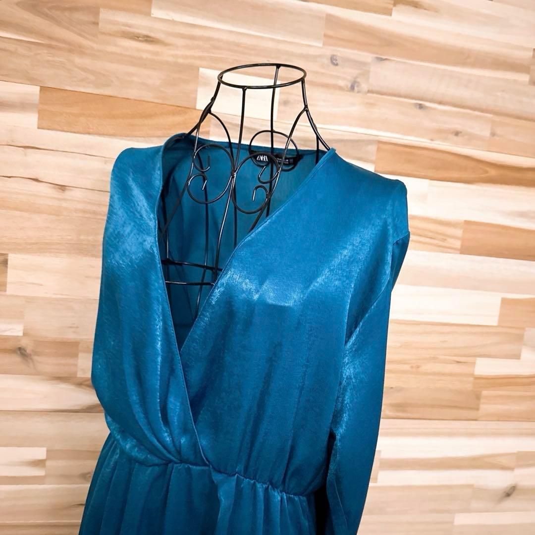 ザラ Vネック カシュクール ロング ドレス ワンピース 長袖 M緑エメラルド