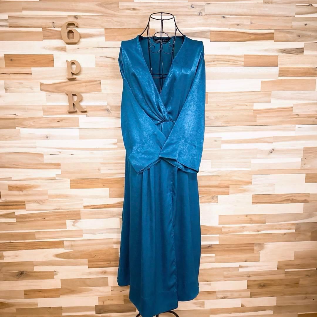  ザラ Vネック カシュクール ロング ドレス ワンピース 長袖 M緑エメラルド 長袖 七分袖 カットソーワンピース