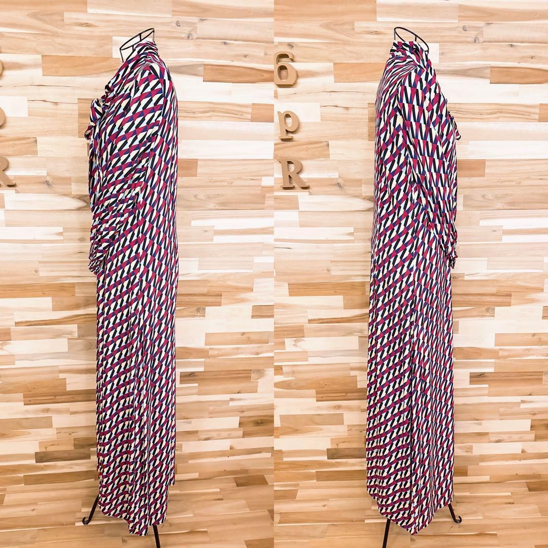  ザラ リボン タイ付き ジオメトリック ロング シャツ ワンピース M 赤×黒 長袖 七分袖 シャツワンピース