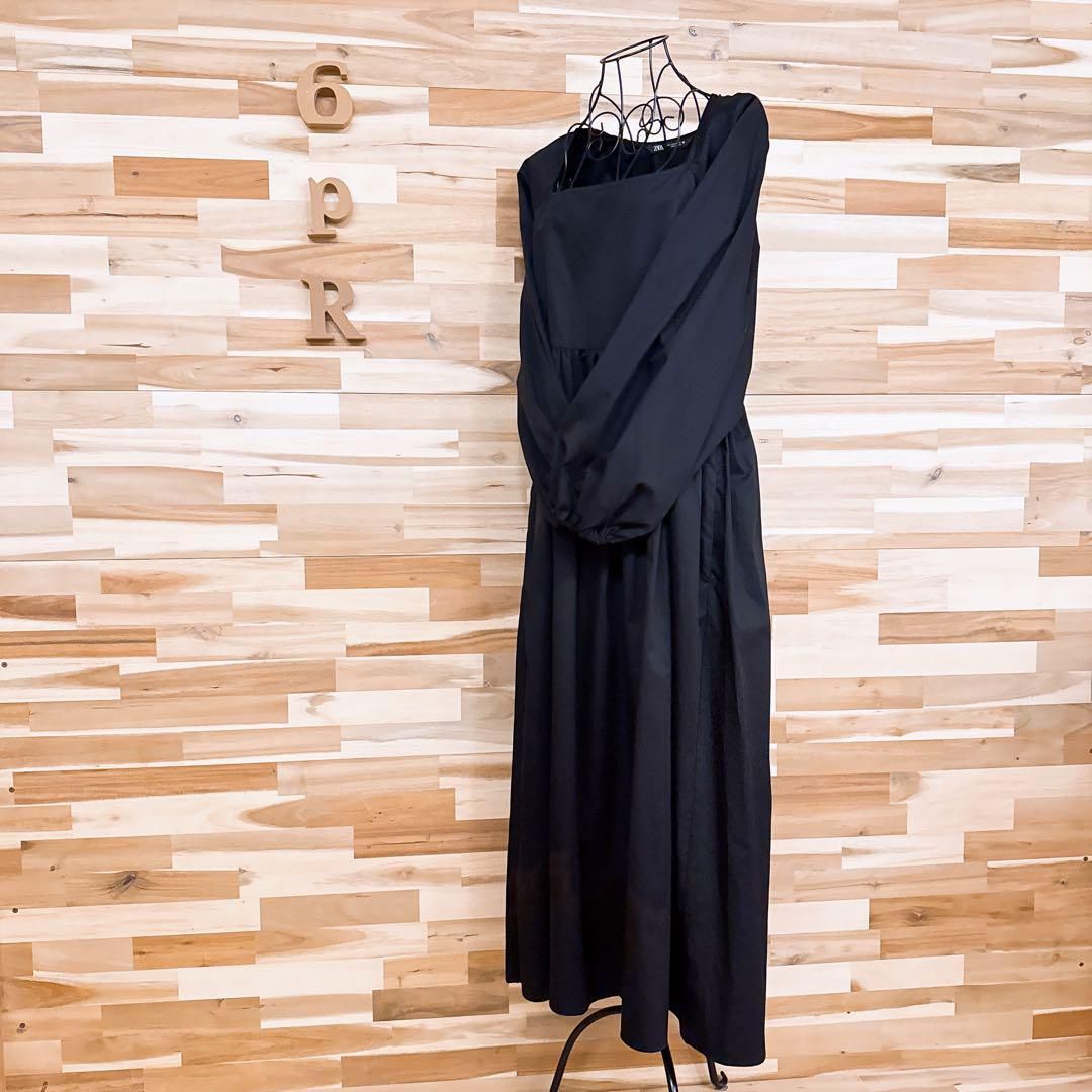 ザラ スクエアネック ボリューム スリーブ ギャザー ロング ワンピース M黒