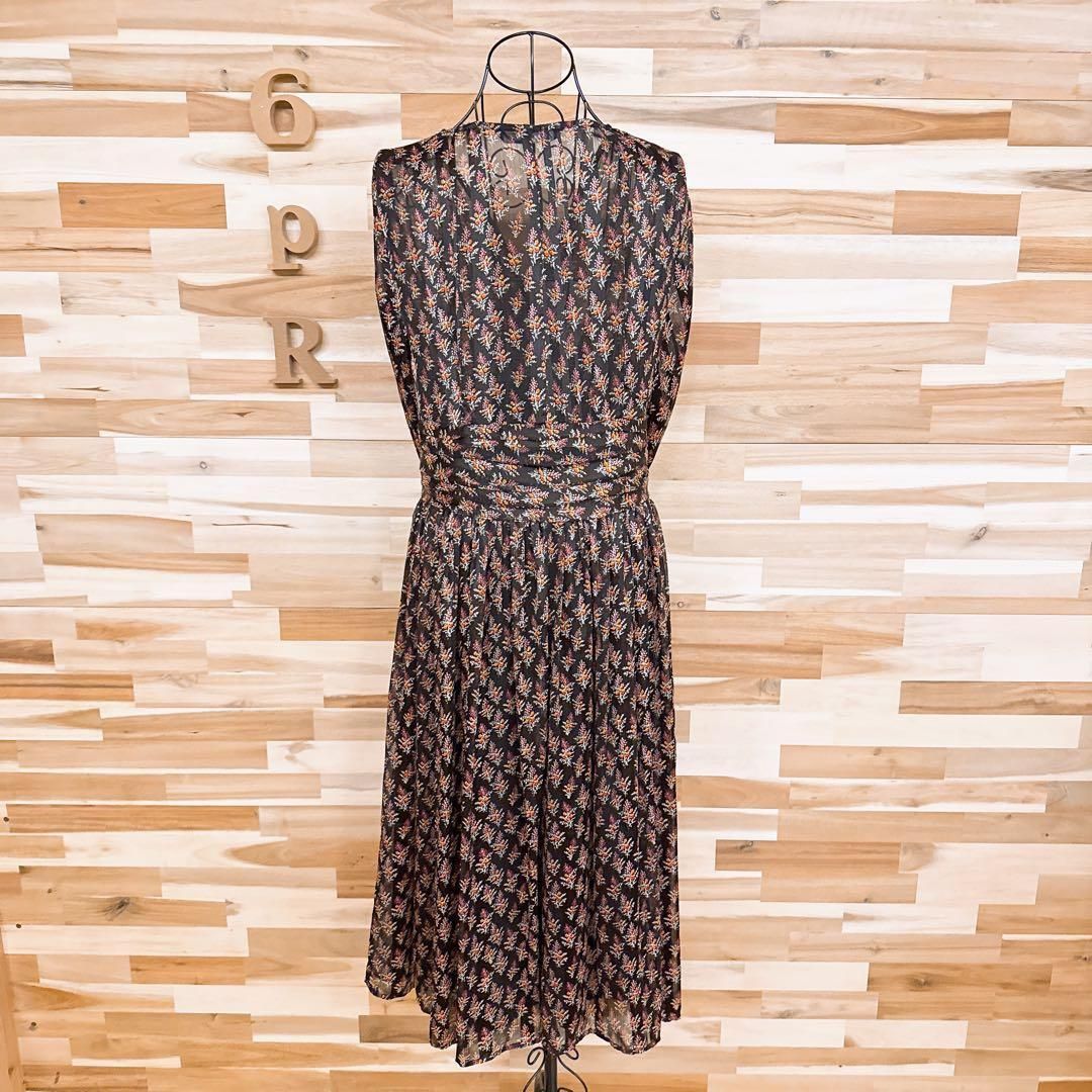  ザラ シアー Vネック カシュクール ロング ワンピース 花柄ストライプ L茶 長袖 七分袖 その他