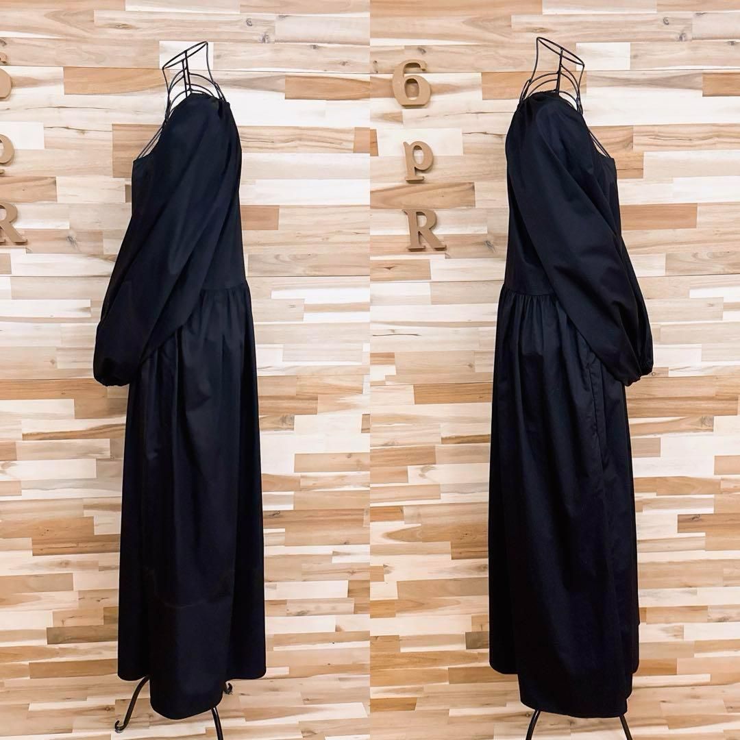  ザラ スクエアネック ボリューム スリーブ ギャザー ロング ワンピース M黒 長袖 七分袖 カットソーワンピース