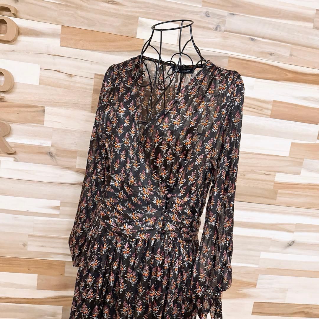 ザラ シアー Vネック カシュクール ロング ワンピース 花柄ストライプ L茶