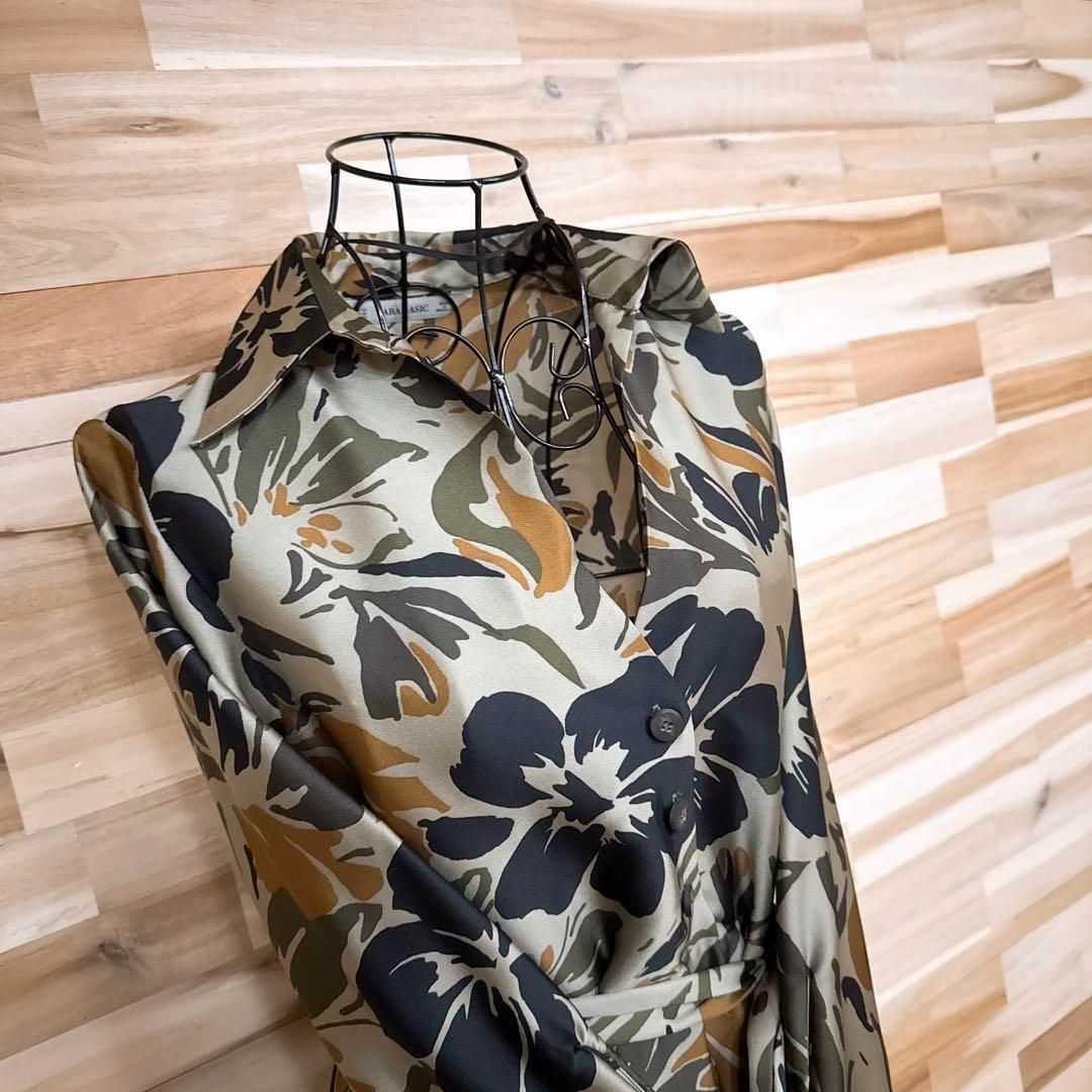  ザラ ミリタリー カモフラ フラワー ロング ワンピース XS カーキ 黒 長袖 七分袖 カットソーワンピース