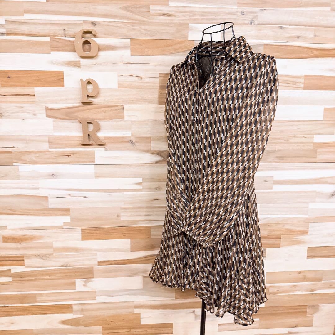 ザラ ジオメトリック ラメ糸シャツ ワンピース フリル スカート XS 茶×黒