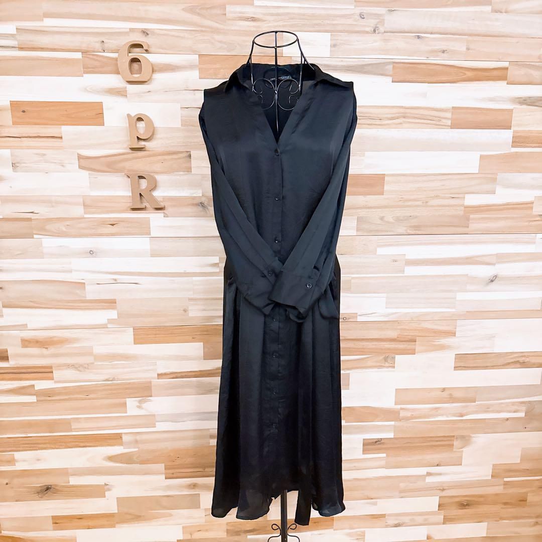  ザラ Vネック サテン ロング シャツ ワンピース 長袖 XS 黒ブラック 長袖 七分袖 シャツワンピース