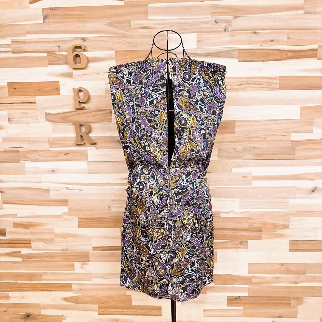  ザラ バック オープン ペイズリー 巻きデザイン ワンピース 総柄 S 紫 黒 長袖 七分袖 ひざ丈ワンピース