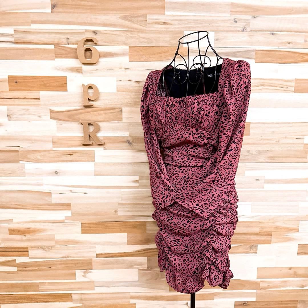ザラ アニマル柄 レオパード くしゅくしゅ ミニ ワンピース M ピンク×黒