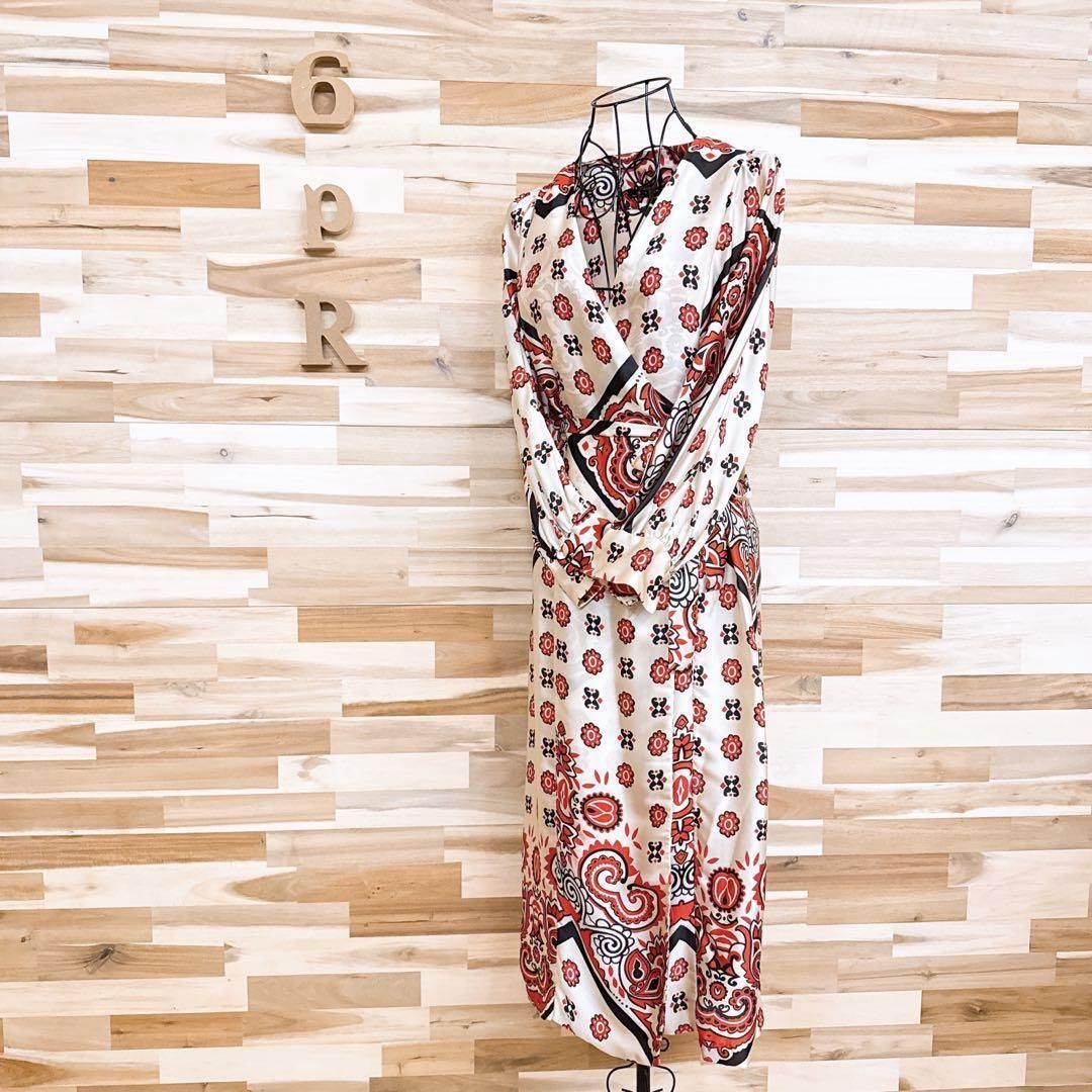 ザラ ロング 巻きワンピース スカーフ柄ペイズリー 総柄 XS アイボリー×赤