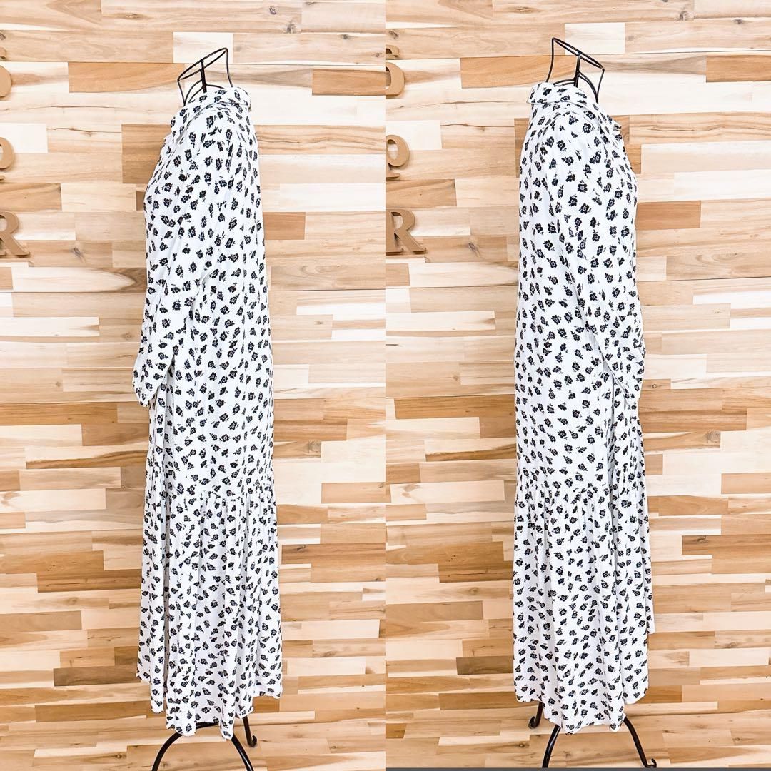  ザラ 花柄 ティアード ロング シャツ ワンピース 長袖 モノクロ M 白×黒 長袖 七分袖 シャツワンピース