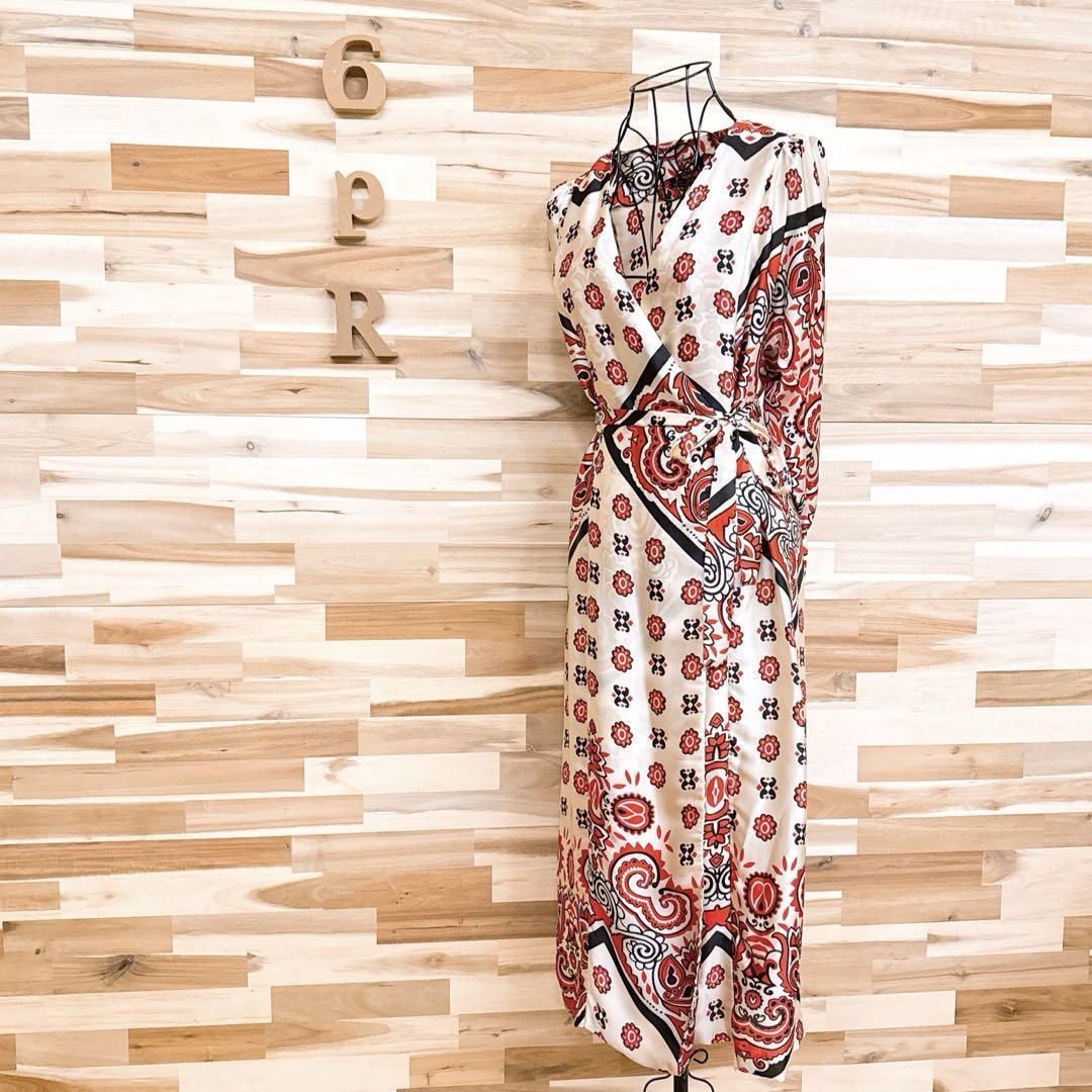  ザラ ロング 巻きワンピース スカーフ柄ペイズリー 総柄 XS アイボリー×赤 長袖 七分袖 その他