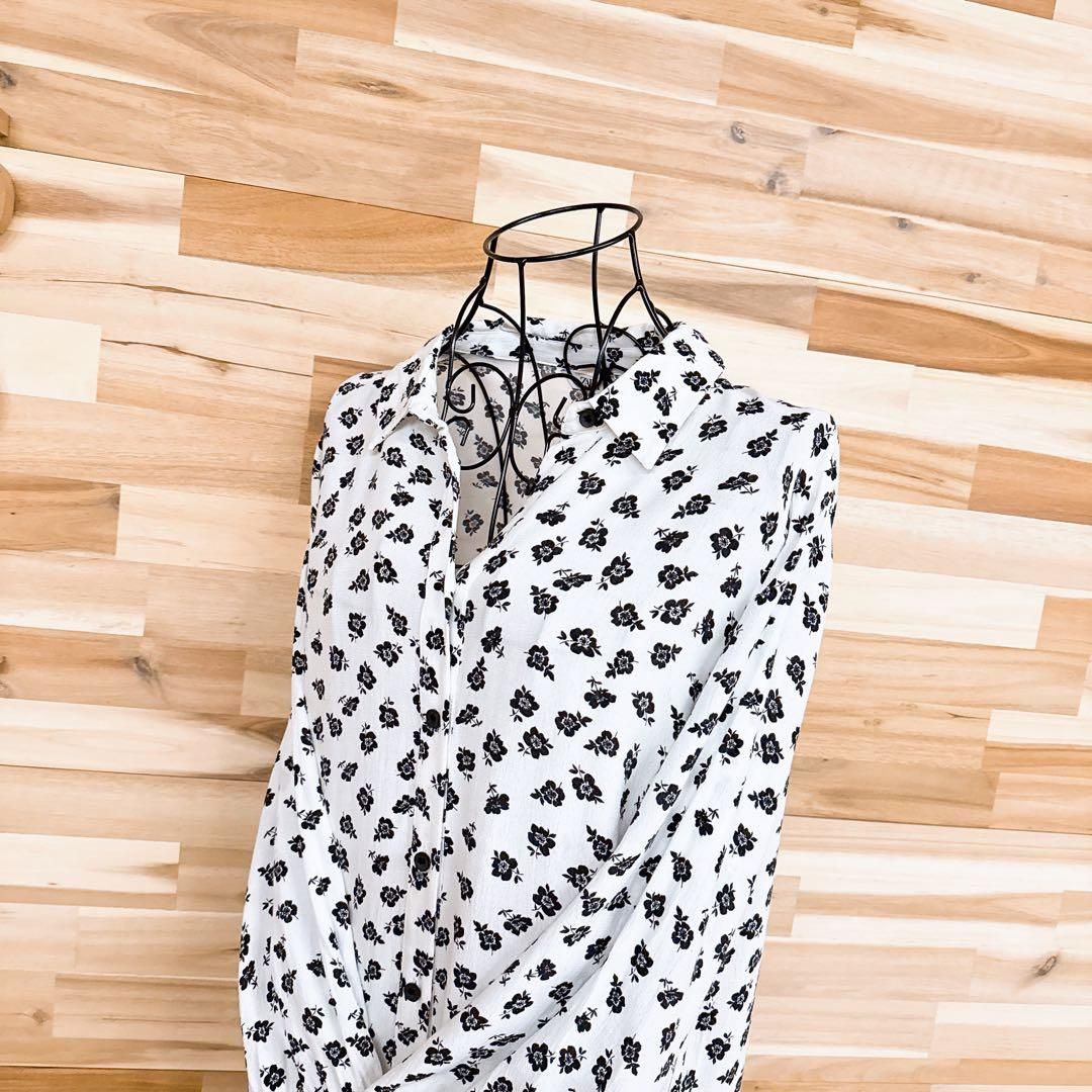 ザラ 花柄 ティアード ロング シャツ ワンピース 長袖 モノクロ M 白×黒