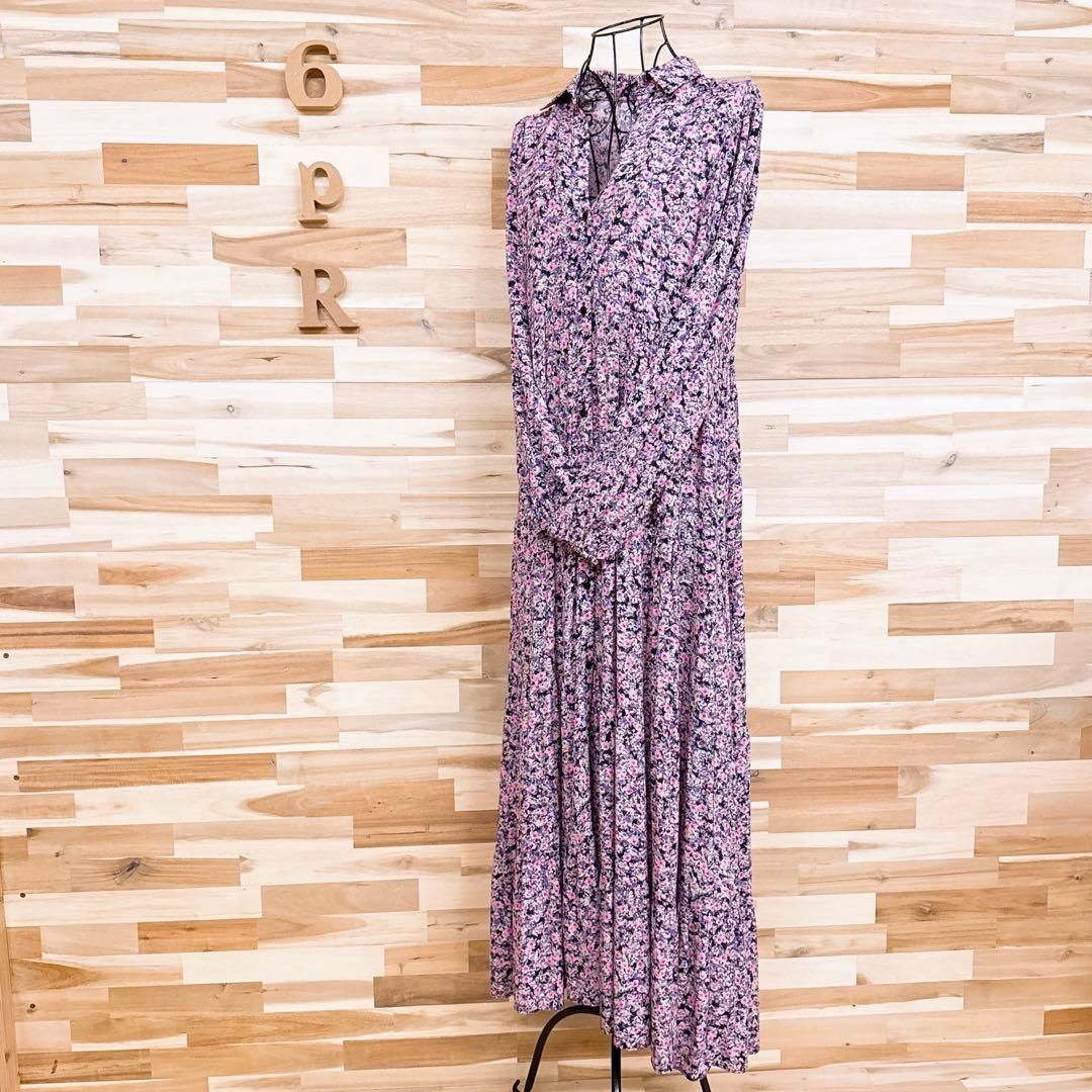 ザラ 小花 花柄 ティアード ロング シャツ ワンピース XS ピンク×紫