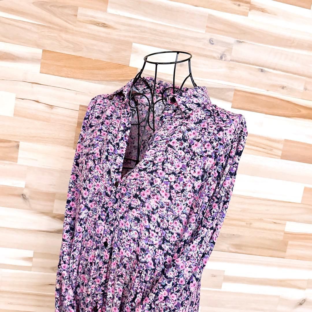 ザラ 小花 花柄 ティアード ロング シャツ ワンピース XS ピンク×紫