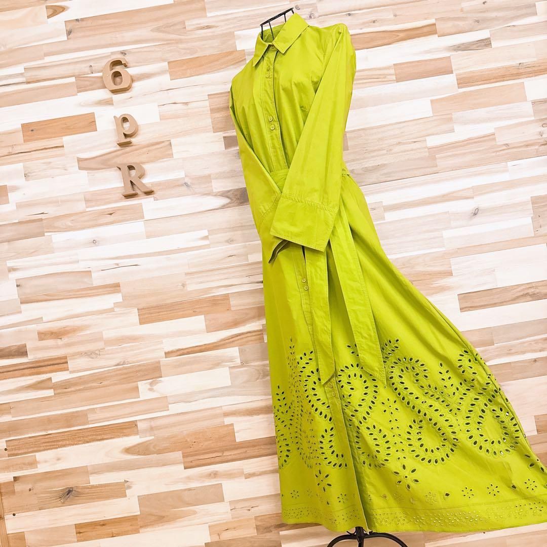 ザラ 花柄 刺繍 カットワーク ロング シャツ ワンピース XS 黄緑